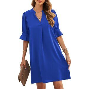 Womens Dark Blue Polyester V-Neck Loose Fit Short Sleeve Knee Length Shift Dress